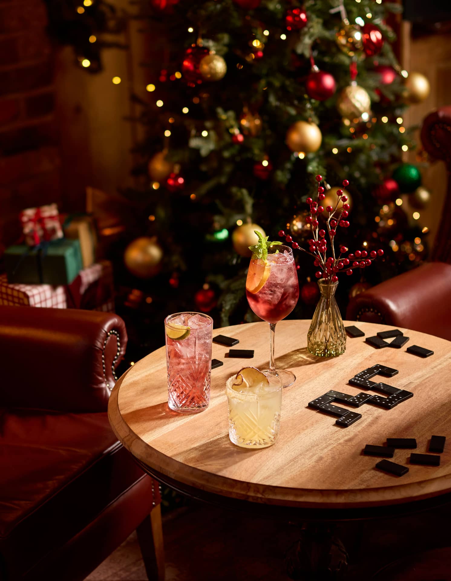 Festive drinks on the table with dominos